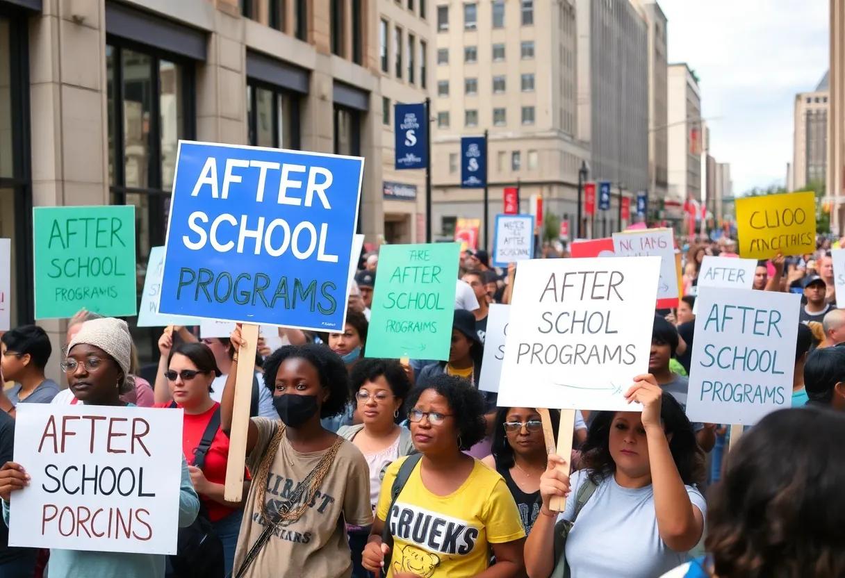 Community members rallying for after-school program funding in Omaha.
