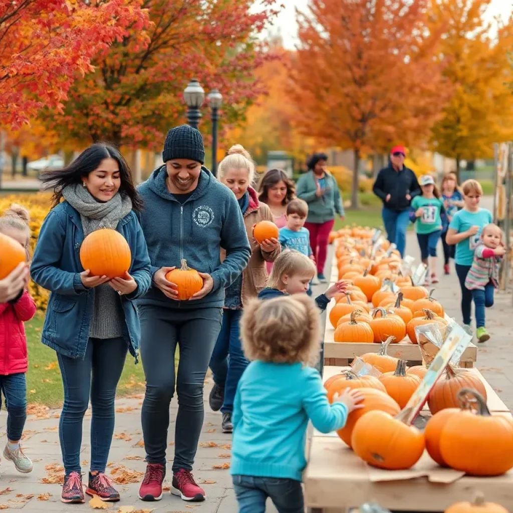 Families enjoying autumn activities at Omaha's RiverFront in October.