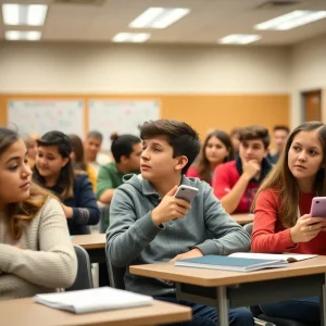 Students in a classroom focusing on lessons without cellphone distractions