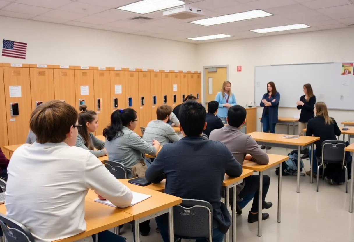 Students in a classroom engaged in learning without phone distractions