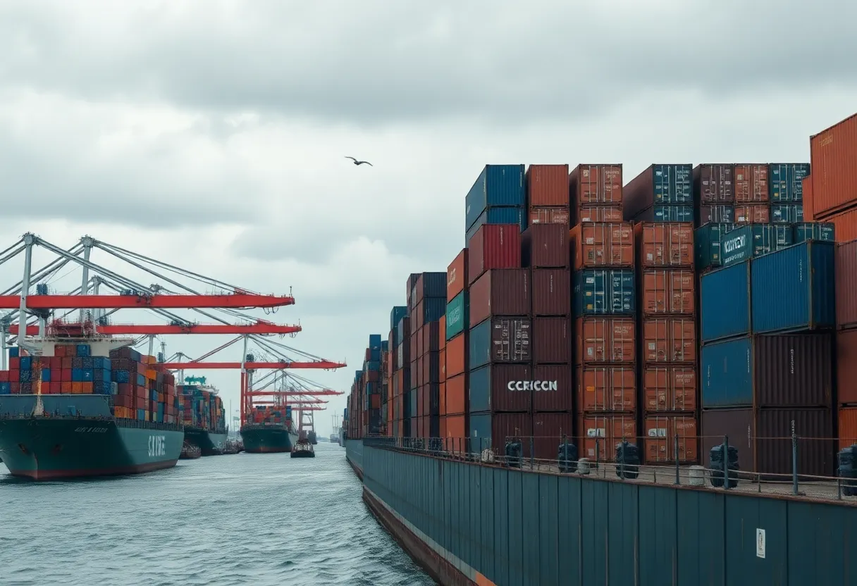 Shipping containers at Omaha port signifying increased shipping rates due to trade tensions