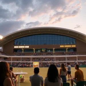 Volleyball stadium featuring solar-powered lighting and eco-friendly initiatives