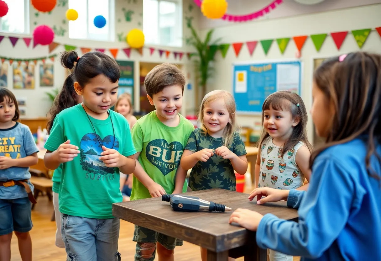 Children engaging in team challenges at a Survivor-themed afterschool event in Omaha.