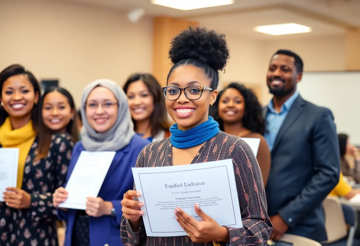 Five educators celebrating their Teacher Excellence Awards at an award ceremony