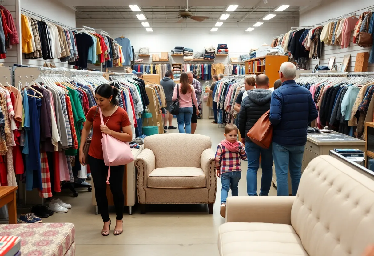 Families shopping in a thrift store in Omaha, illustrating the surge in shoppers due to rising living costs.