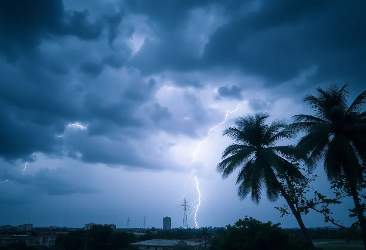 Dark clouds and lightning over Omaha city during thunderstorms