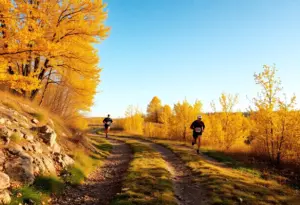 Runners on a rugged trail surrounded by fall foliage in Omaha.