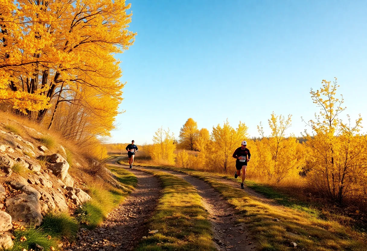 Runners on a rugged trail surrounded by fall foliage in Omaha.