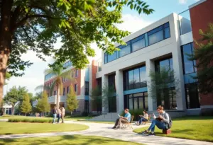 Omaha University business school building with students around