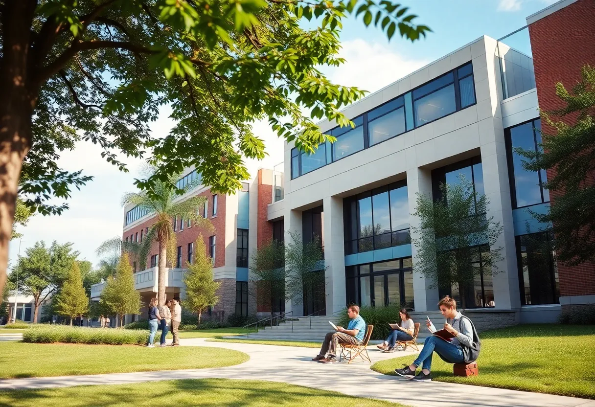 Omaha University business school building with students around