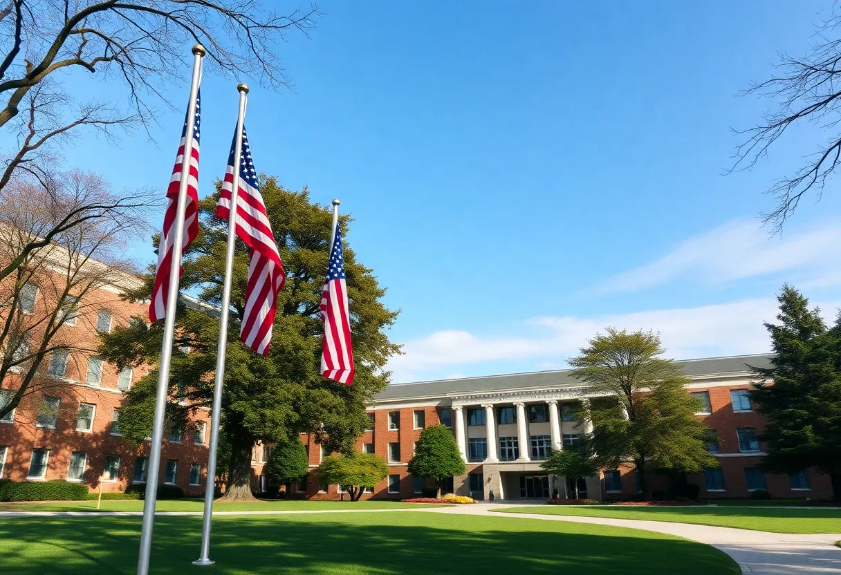 Flags at half-mast at the University of Nebraska Omaha during a memorial service.