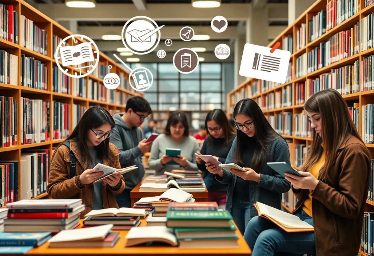 Scholars engaged in research in a university library promoting open access