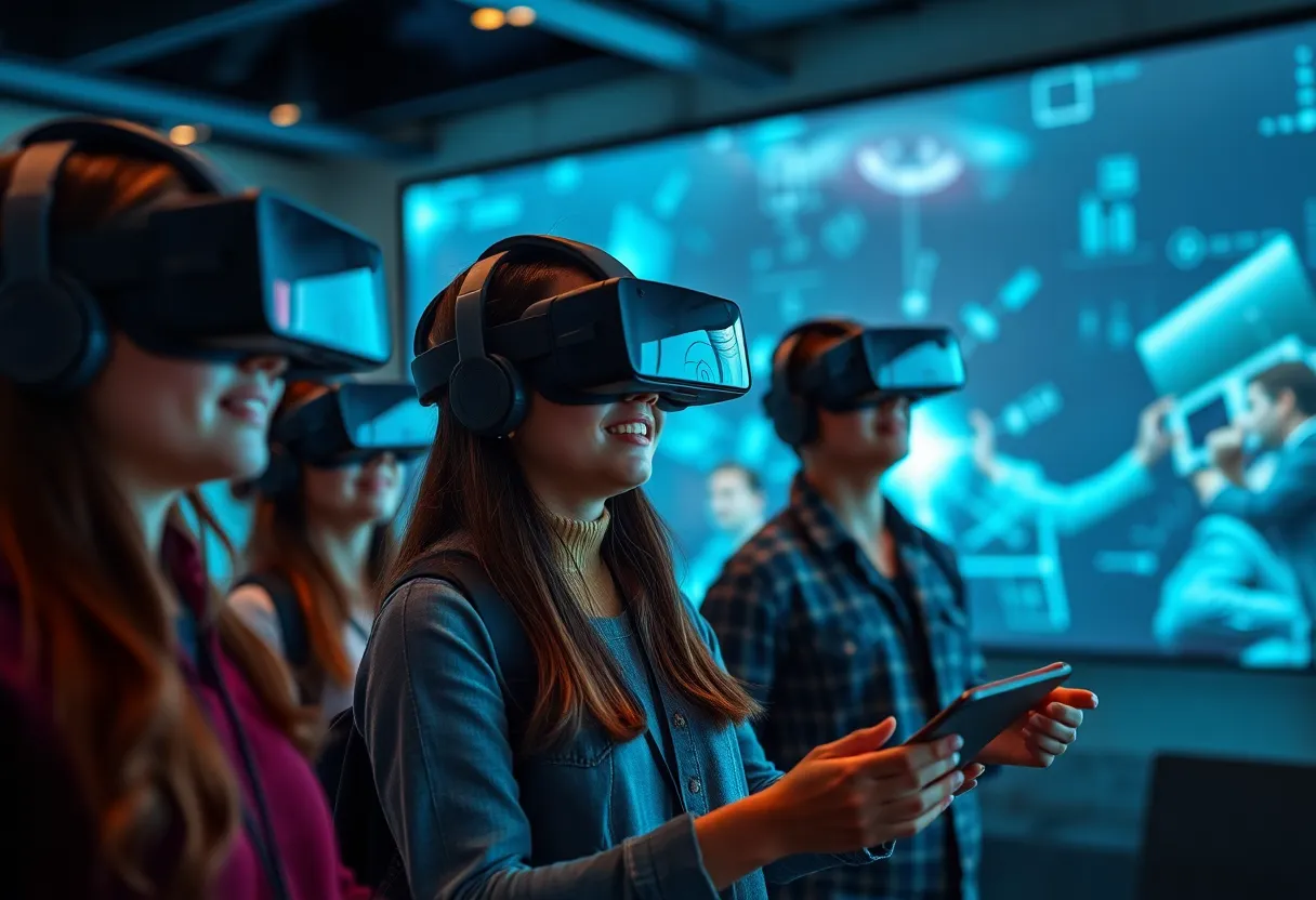 Students engaging in virtual reality training at the Omaha Virtual Reality Pipeline.