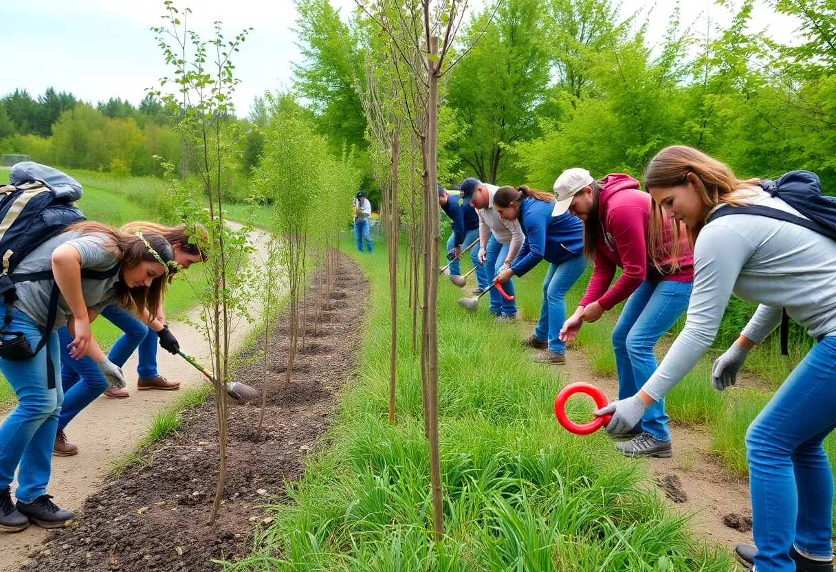 Volunteers planting trees along Saddle Creek Trail in Omaha