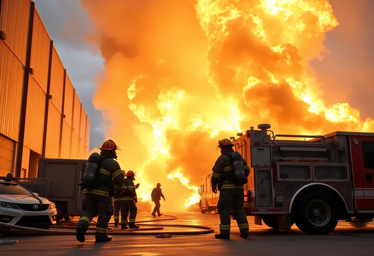 Firefighters responding to a warehouse fire in Omaha, controlling the flames and smoke