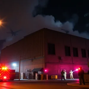 Firefighters responding to a warehouse fire in downtown Omaha with emergency lights
