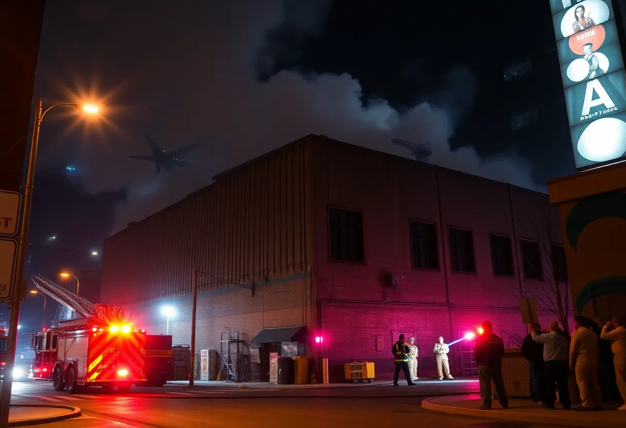 Firefighters responding to a warehouse fire in downtown Omaha with emergency lights