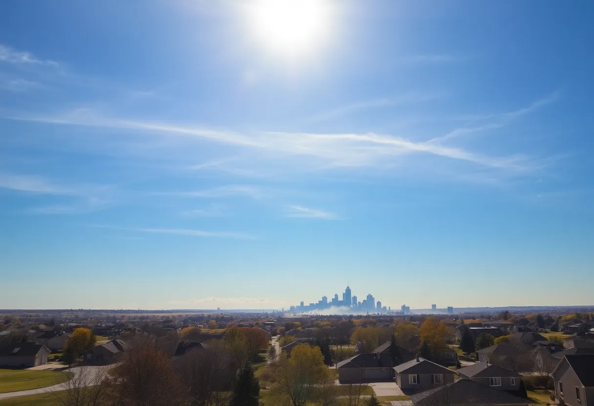 Omaha cityscape showing warm and windy conditions with trees swaying.