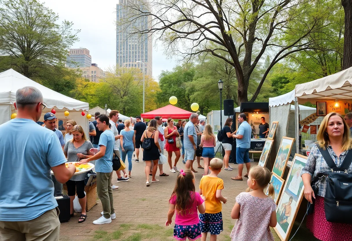 Families enjoying Omaha weekend festivities with food, music, and art displays.