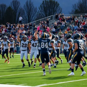Players celebrating after a football victory at Omaha Westside