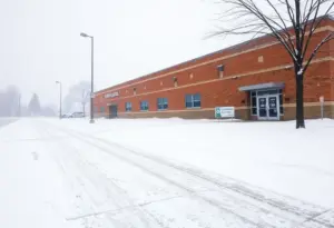 Omaha school during winter storm with heavy snowfall