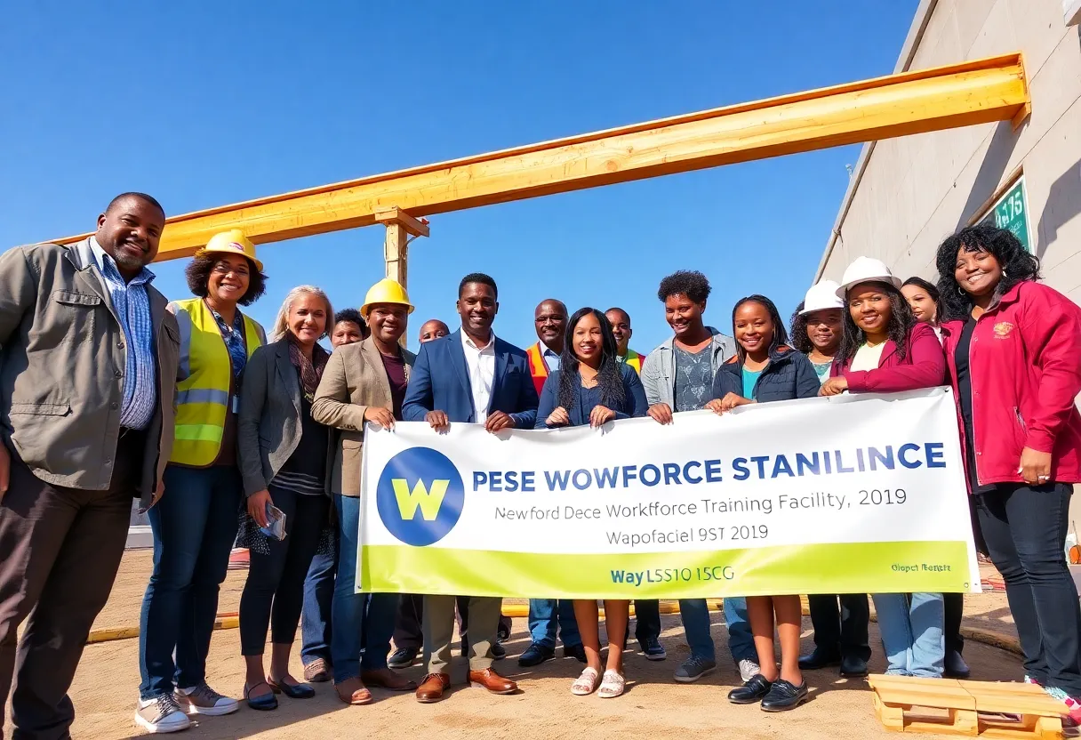 Community leaders and youth celebrate the topping out ceremony of a new workforce training facility in Omaha.