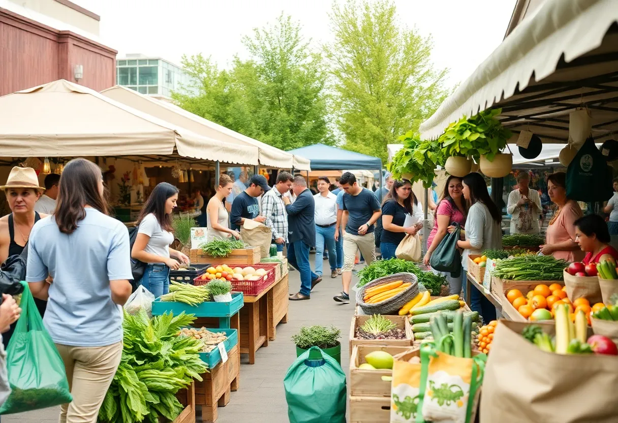 Vibrant scene of Omaha's first zero-waste market with sustainable vendors and community members.