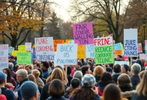 Crowd at Omaha No Kings protest holding signs against corporate influence