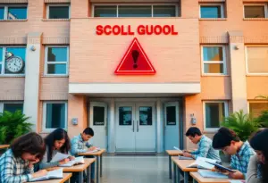 Illustration of a school affected by a cyberattack with students using paper materials.