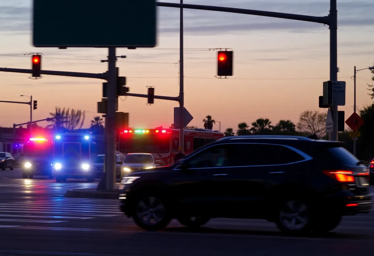 Emergency responders at a pedestrian crash scene with a dark SUV involved.