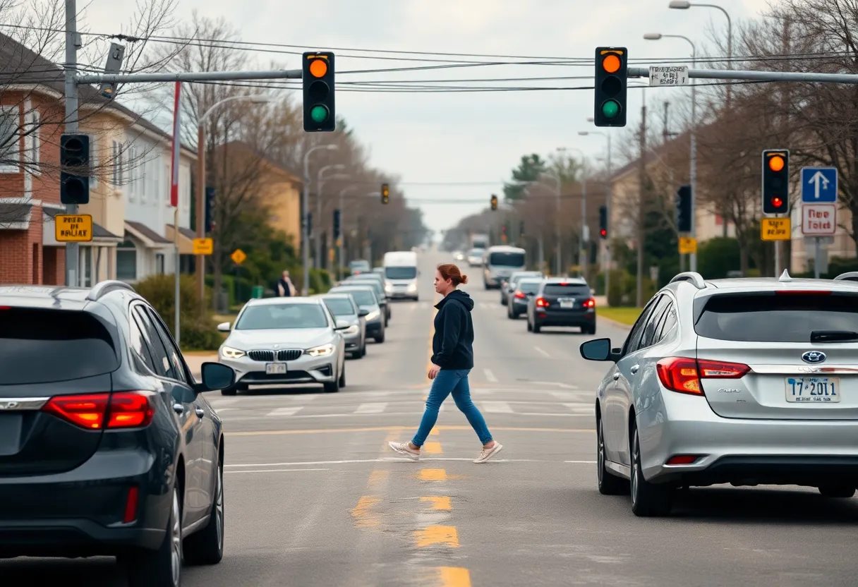 A busy intersection highlighting pedestrian crossings and traffic.