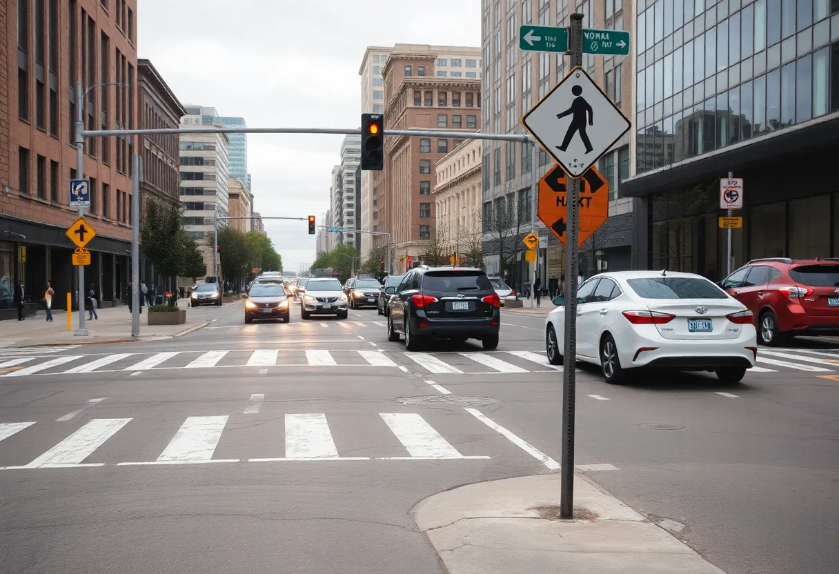 Urban street in Omaha with safety signs and busy traffic
