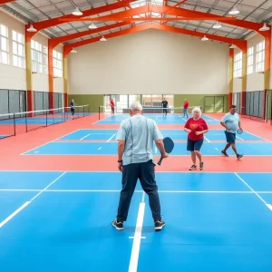 Veterans playing pickleball at a new complex in Aurora, Nebraska