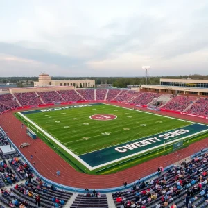 A vibrant high school stadium with new turf and bright lights filled with supporters.