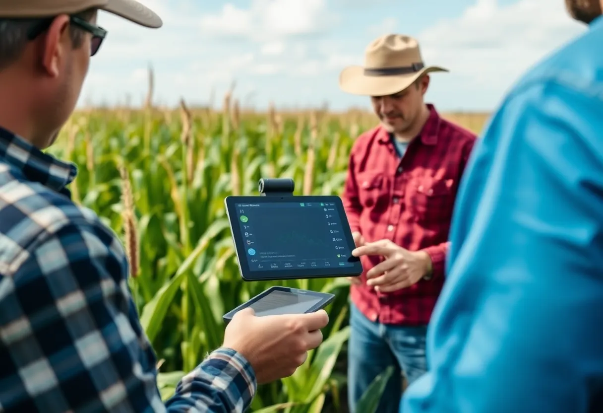 Farmers using precision farming tools in a cornfield