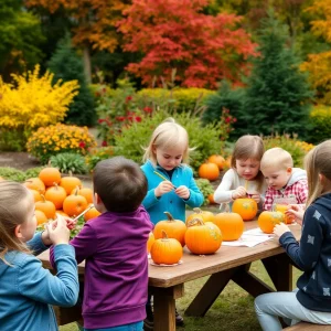 Families painting mini pumpkins at Lauritzen Gardens during a workshop