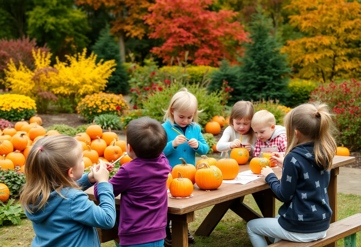 Families painting mini pumpkins at Lauritzen Gardens during a workshop