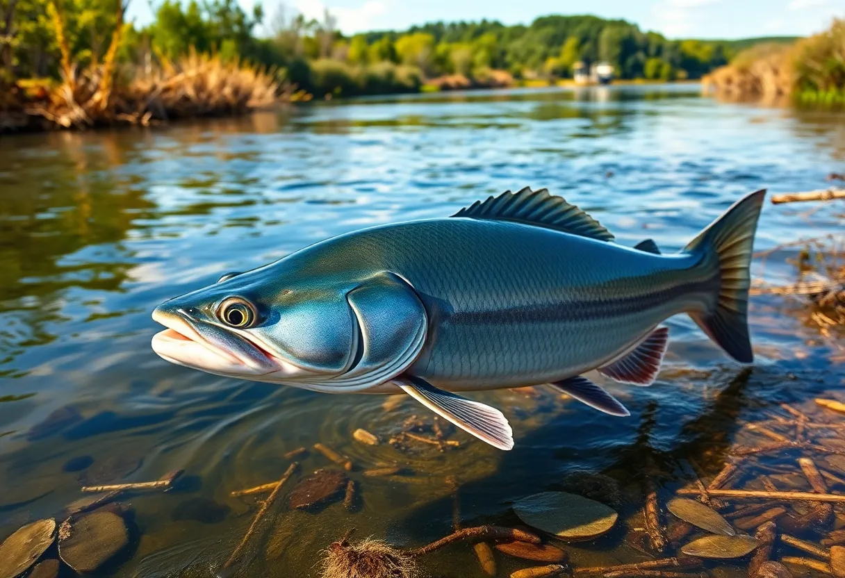 A large blue catfish swimming in the Missouri River, showcasing vibrant aquatic life.