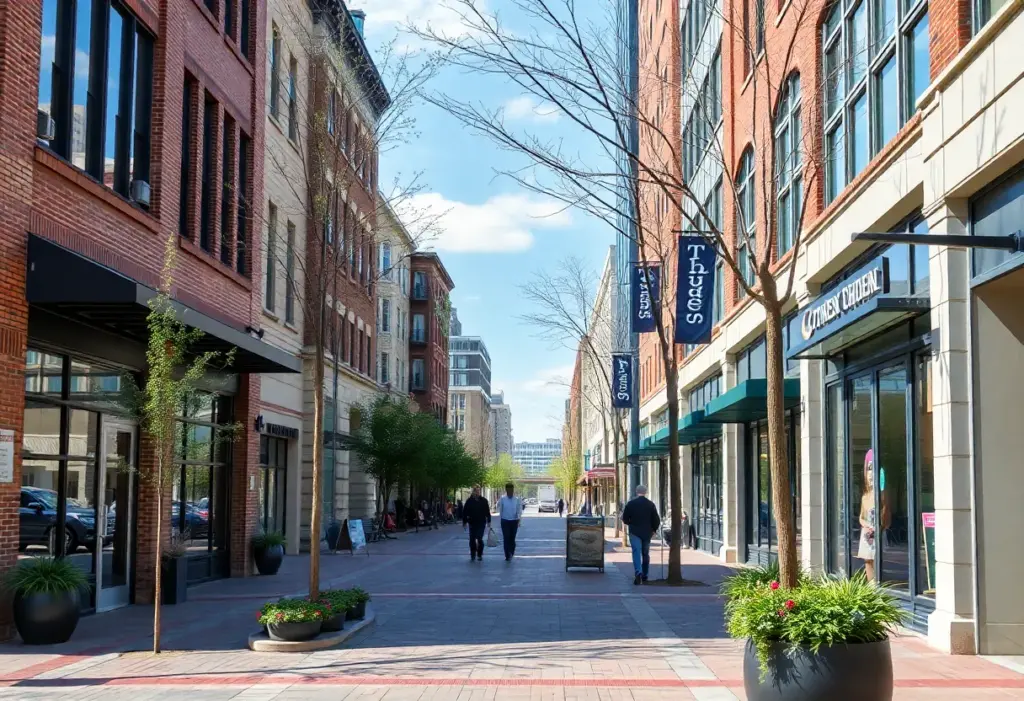 A busy street in Omaha's revitalized business district with pedestrians and shops