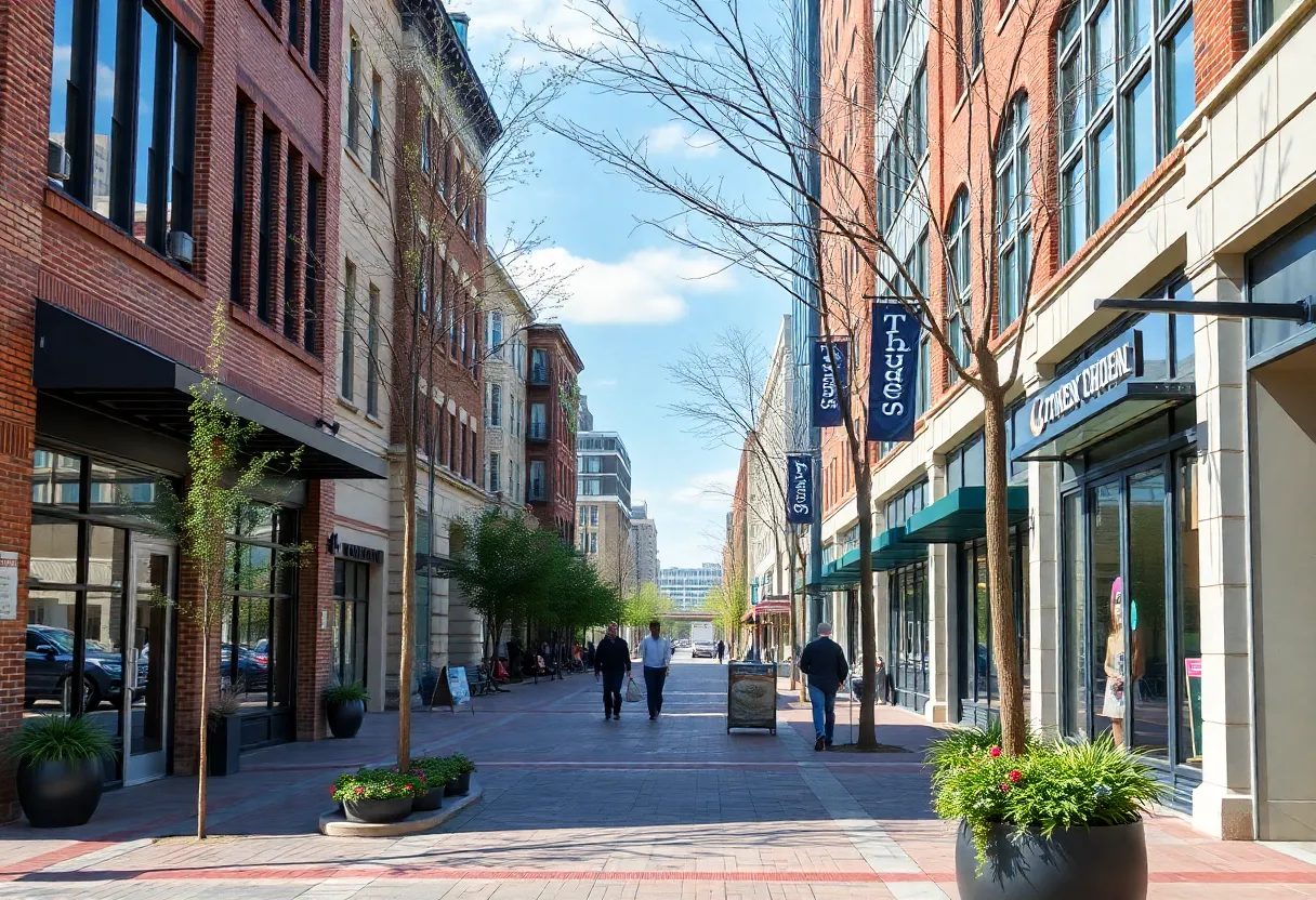 A busy street in Omaha's revitalized business district with pedestrians and shops
