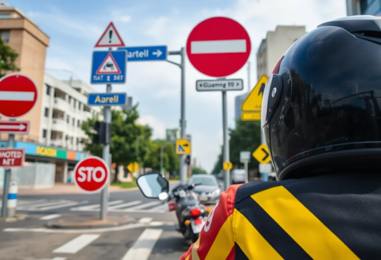 Traffic signs and a motorcycle helmet at an intersection in Millard.
