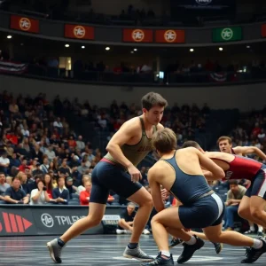 A collegiate wrestling match showcasing athletes in action at Baxter Arena.