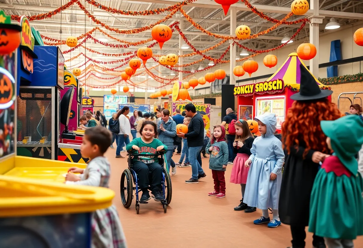 Families participating in Omaha's sensory-friendly Trick-or-Treat event with adapted games and costume parades.