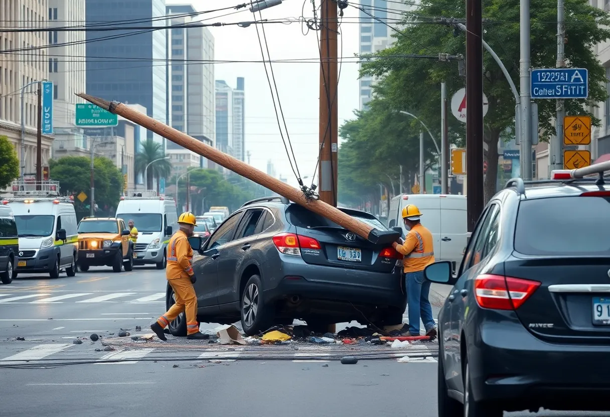 A scene of a serious crash involving a utility pole in North Omaha with emergency services in action.