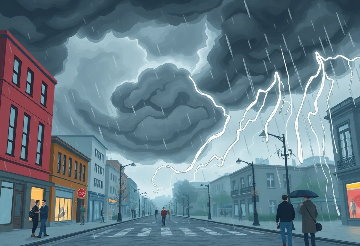 Illustration of extreme weather conditions in Omaha with storm clouds and rain.