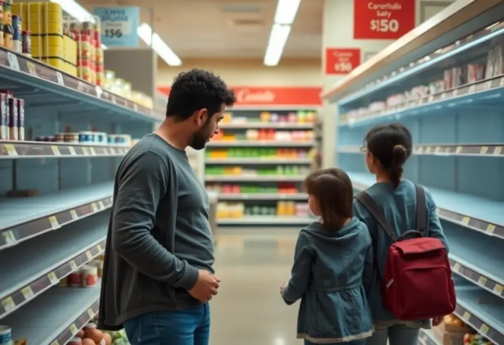 A family facing hunger in a grocery store with empty shelves