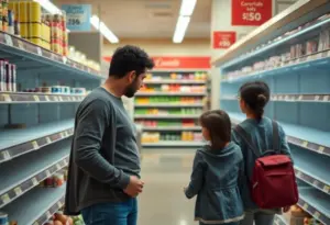 A family facing hunger in a grocery store with empty shelves