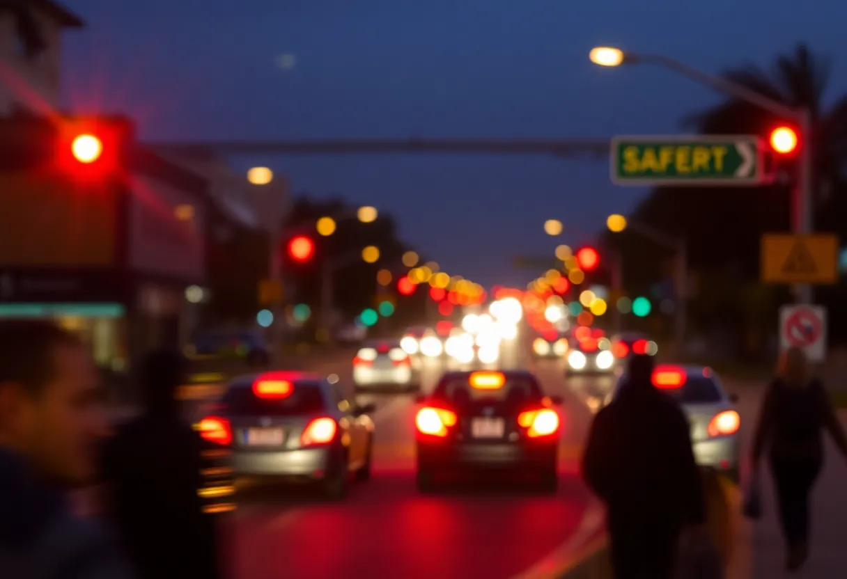 Intersection in southwest Omaha with vehicles and pedestrians at night