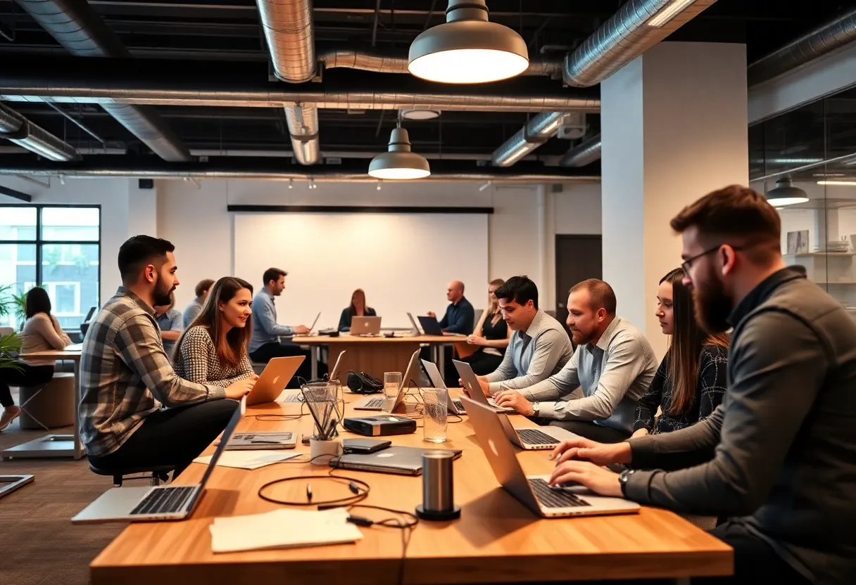 Entrepreneurs collaborating in a tech incubator environment.