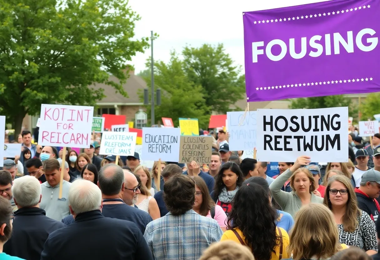 Campaign rally for Theresa Anderson with supporters holding signs.